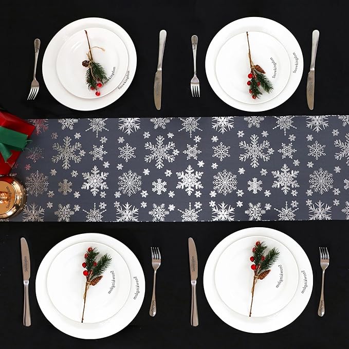 Snowkingdom 2 Pcs Christmas Snowflake Silver Table Runner, 108 Inch Sparkly Silver Glitter Metallic Foil Runners Decorations for Seasonal Winter Festival Holiday Home Party