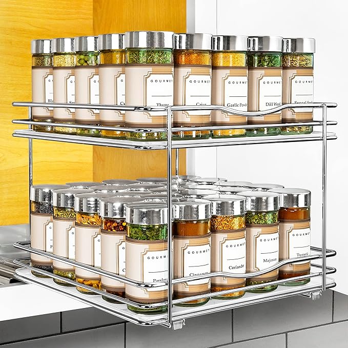 LYNK PROFESSIONAL® Pull Out Spice Organization for Cabinets - 10-3/8 inch Wide – Spice Rack for Inside Cabinets, Slide Out Spice Rack Organizer for cabinet – Pull Out Spice Rack, Sliding 2 Tier Chrome