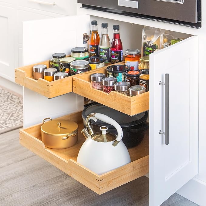 HOLDN’ STORAGE Bamboo Wooden Pull out Cabinet Organizer 17"W x 21"D Requires At Least a 18.25"W x 21"D Cabinet Opening W/Lifetime Limited Warranty, Bamboo Tray and Heavy Gauge Metal Rails