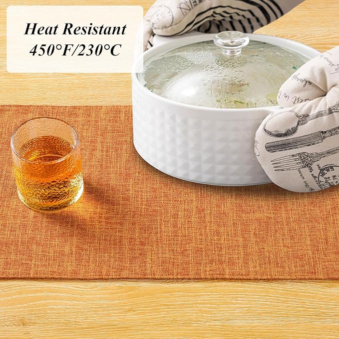 SHACOS Fall Placemats Set of 4 Washable Cloth Double Layer Thick Faux Linen Fabric Table Place Mats Non Slip Table Mats for Thanksgiving Indoor Outdoor, Orange