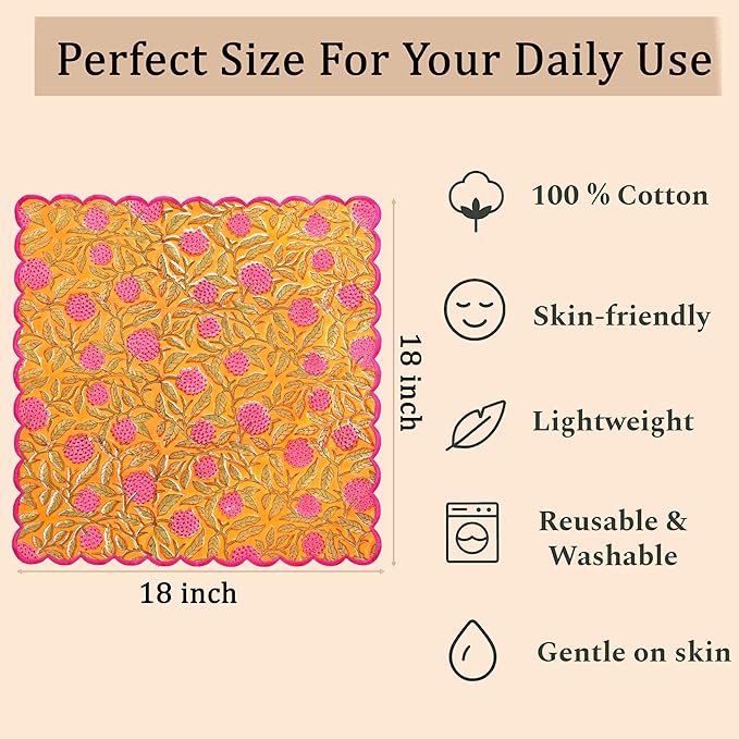 Ridhi Hand Block Print Bubblegum Pink 18" x 18" (Set of 4) Embroidery Table Napkins Reusable Cotton Dinner Napkins for Weddings, Parties, Everyday Dining Gift for Spring, Easter, Valentine