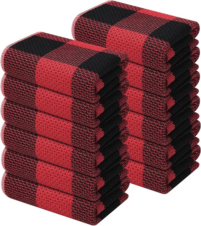 Mordimy 100% Cotton Waffle Weave Kitchen Towels, 13 x 28 Inches, Super Soft and Absorbent Buffalo Check Dish Towels for Drying Dishes, 12-Pack, Black & Red