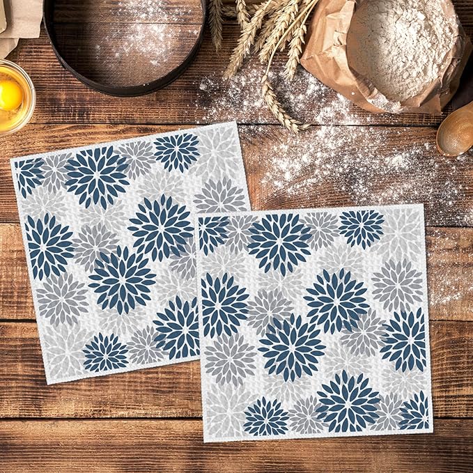 Artoid Mode Aqua Dahlia Floral Kitchen Dish Cloths, 12x12 Inch Quick Dry Microfiber Dishcloths for Kitchen Premium Dish Rags Set of 2