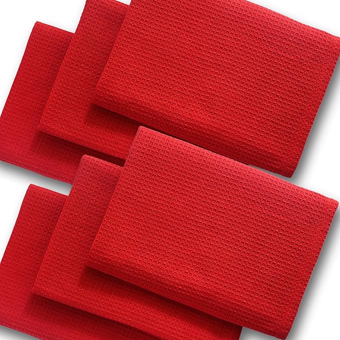 Highly Absorbent Cotton Dish Towels for Drying - Set of 6 Red Kitchen Towels - 18"X28" Lint Free Waffle Weave Cloth Linen Hand Bathroom Bulk Dishtowels