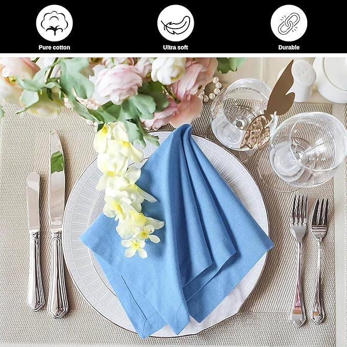 HOMIDATE Cotton Dinner Napkins Set of 12 – 18x18 Light Blue – Machine Washable Fabric Napkins Ideal for Weddings, Thanksgiving, Christmas & Everyday Dining