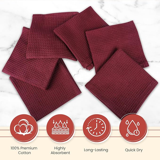 Vintage Vista 100% Cotton Waffle Dish Cloths (Pack of 6) - Dish Rags for Washing Dishes - Reusable & Highly Absorbent Kitchen Towels - Kitchen Rags fo Easter - (12" x 12" - Maroon)