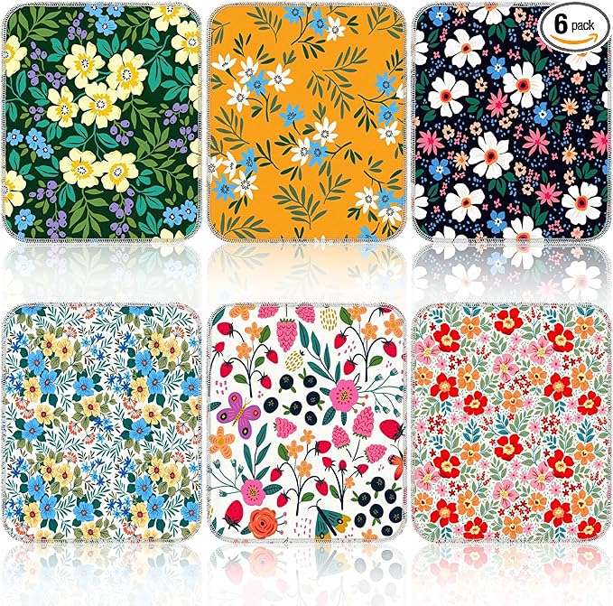 Redbaker 6 Pcs Reusable Paper Towels Rolls Kitchen Towels Bulk Washable Paperless Cloth Cotton Hand Napkins with Cardboard Reusable Napkins for Kitchen Bathroom (Flower Pattern)