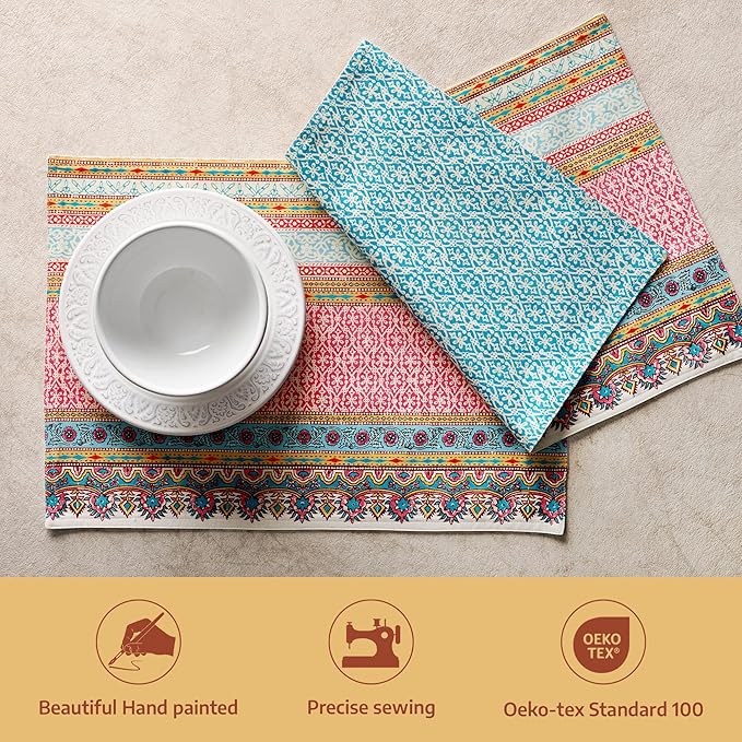 Maison d' Hermine Placemat 100% Combed Cotton Premium Cloth Placemats 13"x19" Decorative Washable Place Mats for Home, Kitchen, Dining, Cocktail Parties & Camping - Lauris (Set of 4)