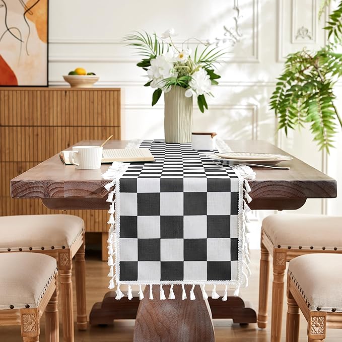 Ohocut Checkered Table Runner with Tassel Black and White Farmhouse Rustic Vintage Retro Linen Table Runner 72 Long for Dinning Race Party Decoration 13''x72''