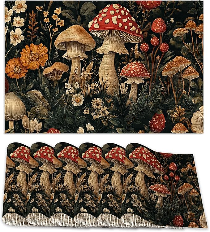 6 Pcs Placemats,Retro Mushroom Placemats,Daisy Table Mats Washable Recyclable Table Placemat for Indoor Outdoor Heat Resistant Kitchen Dining 12"x18"