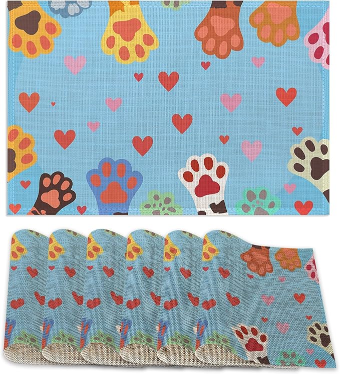 Cute Paws Placemats Set of 6,Dog Cat Table Mates Non-Slip Heat Resistant Washable Linen Place Mats for Party Kitchen Dining Decoration Indoor Outdoor 12"x18"