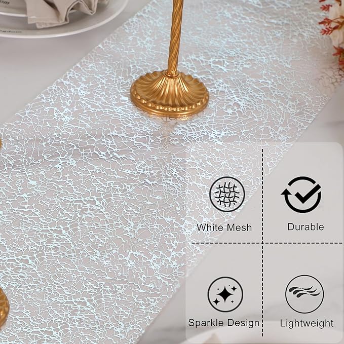 Snowkingdom 20Ft Silver Table Runner, Sparkly Foil Mesh Crackle Metallic Glitter Table Runner, Silver Dining Centerpieces Decorations for Wedding Birthday Christmas Holiday Party Decor 240Inch