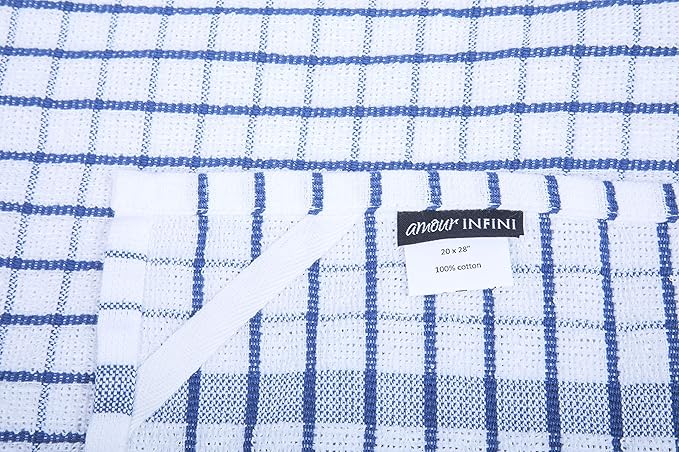 AMOUR INFINI Kitchen Towels Set of 4 - Highly Absorbent, Super Soft Terry Cotton 20x28 Inch Dish Towels with Hanging Loop - Hand & Tea Towels for Cleaning & Drying Dishes (Blue)