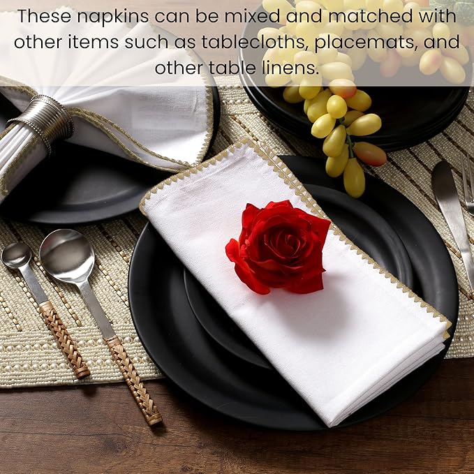Cotton Clinic Cloth Napkins with Trim - Everyday Use Table Dinner Napkins - Soft Durable Washable - Ideal for Dinner Party Wedding Christmas Easter - Set of 12-20x20 inches Beige White Napkins