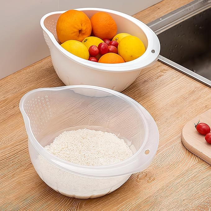 Japanese Rice Strainer Quinoa Washing Bowl Small Grains Washer Cleaner Plastic Side Drainers Colander for Rinsing Fruits, Vegetables and Beans, BPA-Free (Clear)
