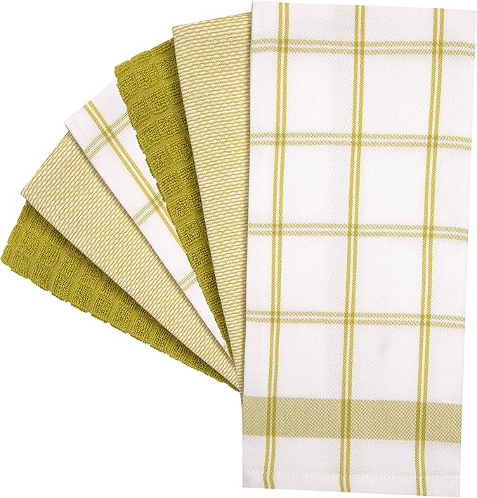Premium Kitchen Towels (20”x 28”, 6 Pack) | Large Cotton Dish Towels | Flat & Terry Highly Absorbent Kitchen Linen Set with Hanging Loop | Lime Green Check