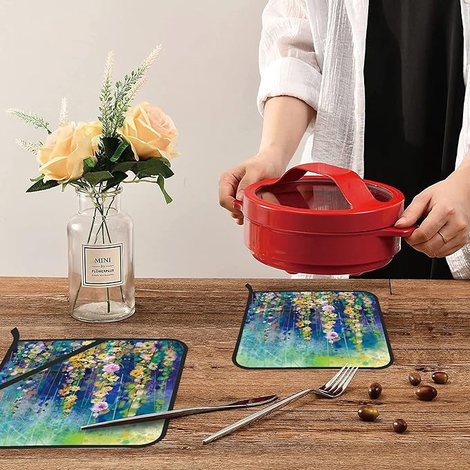 Abstract Floral Watercolor Painting Pot Holders Set of 2 Kitchen Heat Resistant Potholder for Microwave Cooking Baking Oven End Dishes and BBQ
