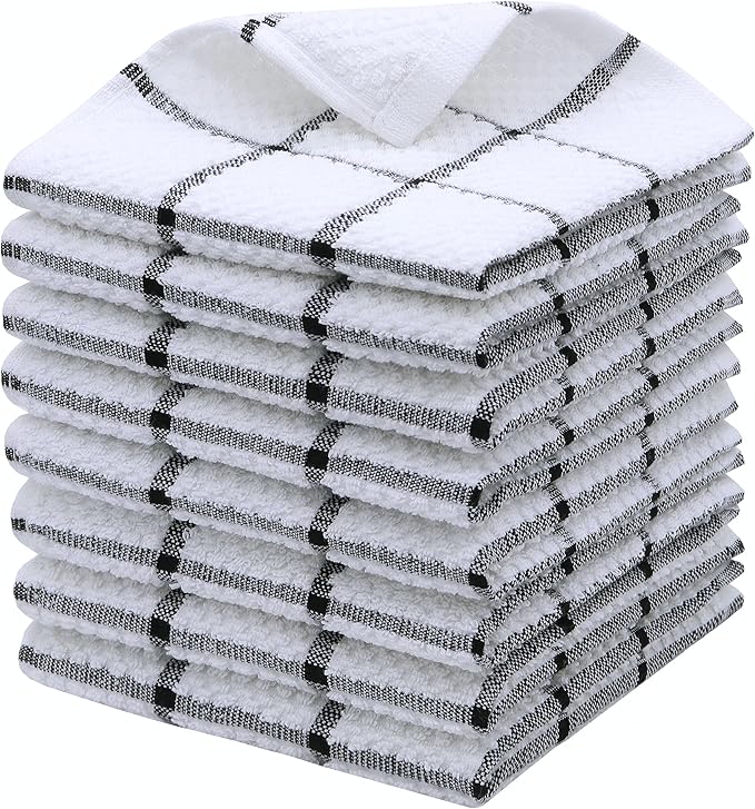 Cotton Terry Kitchen Dish Cloths, Soft Absorbent Tidy Kitchen Dish Towels (Black Plaid, 12 Inch x 12 Inch)