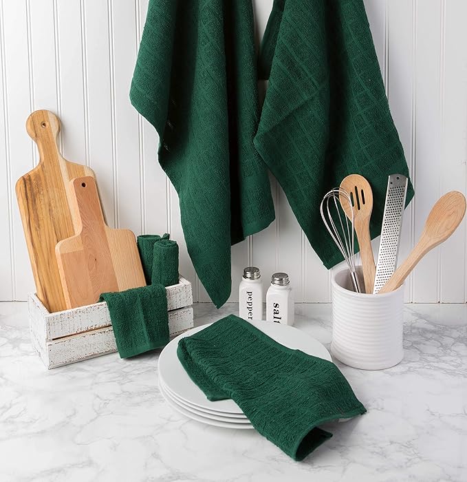 DII Basic Terry Collection Solid Windowpane Dishcloth Set, 12x12, Dark Green, 6 Piece