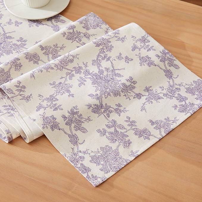 100% Cotton French Pastoral Table Runners, 13x60 Inch Purple Farmhouse Table Runners 60 Inches Long, Vintage Flowers Print Home Decors