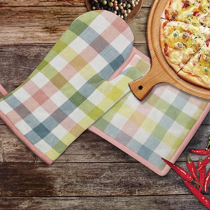 COTTON CRAFT Oven Mitt and Pot Holder Set - Gingham Buffalo Check 2 Oven Mitts 2 Pot Holders Set - Easter Spring Cotton Extra Long Mitt - Insulated Heat Resistant Quilted Kitchen Glove - Yellow Multi