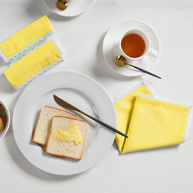 Fingercraft Dinner Cloth Napkin Cotton Linen Blend 12 Pack 12In Mitered Corners with Elegant Lace for Everyday Use Napkins Cloth are Pre Shrunk and Good Absorbency Yellow