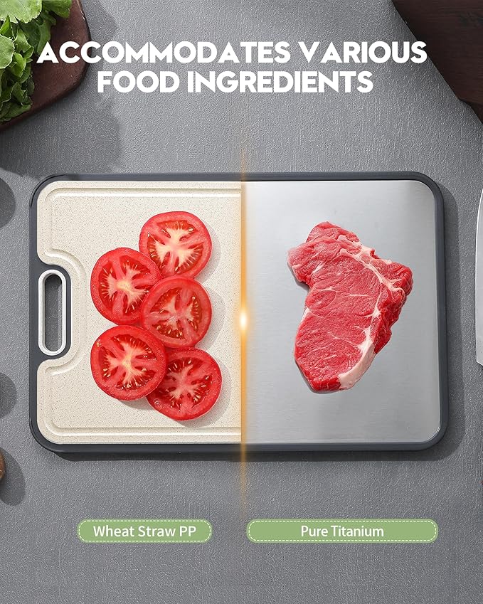 Titanium Cutting Board for Kitchen, Non Toxic Stainless Steel Cutting Board Double Sided, Food Grade Pure Titanium & Wheat Straw PP, Meat & Vegetable Chopping Boards, Scratch Resistant, Large 16”×11”