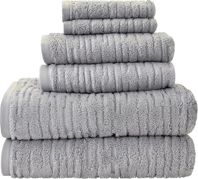 SKL Home CloudSoft 100% Cotton Luxury 6-Piece Towel Set, 600 GSM, Ultra Plush & Absorbent - 2 Bath Towels, 2 Hand Towels, 2 Washcloths, Gray