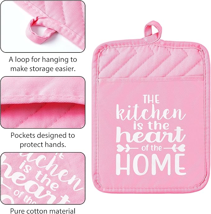 GROBRO7 6Pcs Funny Oven Mitts Pot Holders The Kitchen is The Heart of The Home Heat Resistant Hot Pad Machine Washable Gloves with Hanging Loop Pocket Hot Pad for Baking Cooking Pink