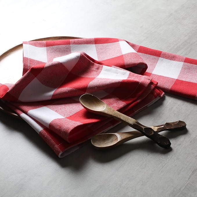 Native Fab Red Buffalo Check Cloth Napkins, Set of 4, 16"x16", Plaid Checkered Pattern, 100% Cotton, Soft, Absorbent, Reusable Table Napkins for Dinner, Wedding, Lunch, Cocktail, Everyday Use - Red