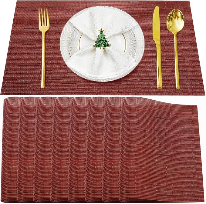Placemats Set of 8,Washable,Heat and Stain Resistant Indoor/Outdoor Place mats,Vinyl Woven Non Slip Table Mats for Restaurant Table Protection,PVC Place mats(Red,8PCS)
