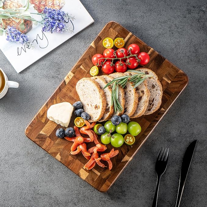 James.F End Grain Cutting Boards, Wooden Cutting Board for Kitchen with Side Handles, Acacia Wood Butcher Block Chopping Board for Meat Bread (13"x9"x1")