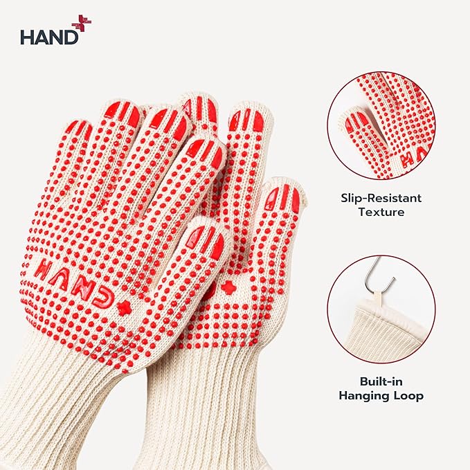 Hand+ Heat Resistant Oven Gloves (Size L/XL) 932°F / 500°C for BBQ Baking Cooking Smoker Fireplace Camping with Silicone Grip Thermo Dot Level 4 EN407 Certified