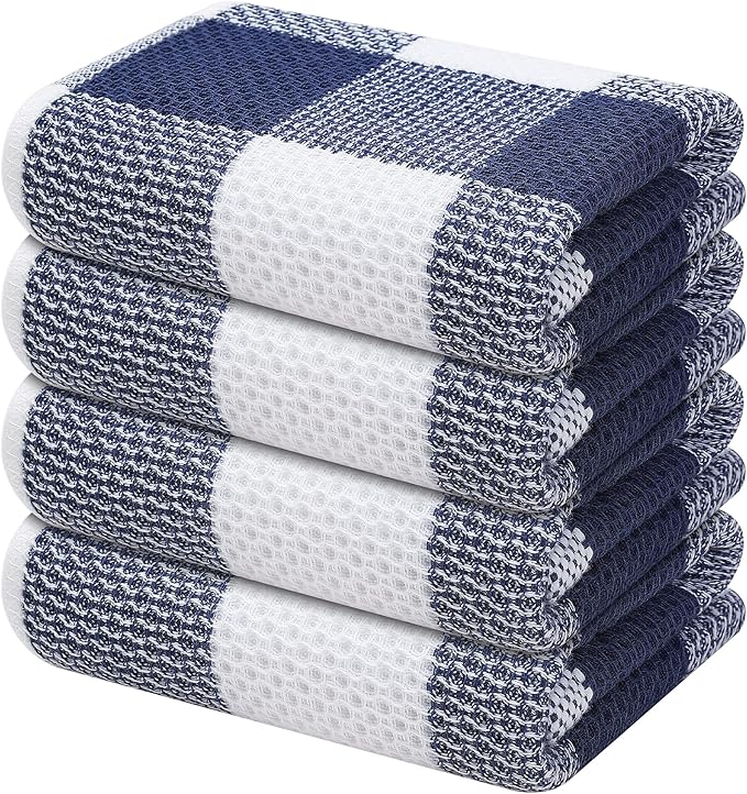 Mordimy 100% Cotton Waffle Weave Kitchen Towels, 13 x 28 Inches, Super Soft and Absorbent Buffalo Check Dish Towels for Drying Dishes, 4-Pack, White & Navy Blue