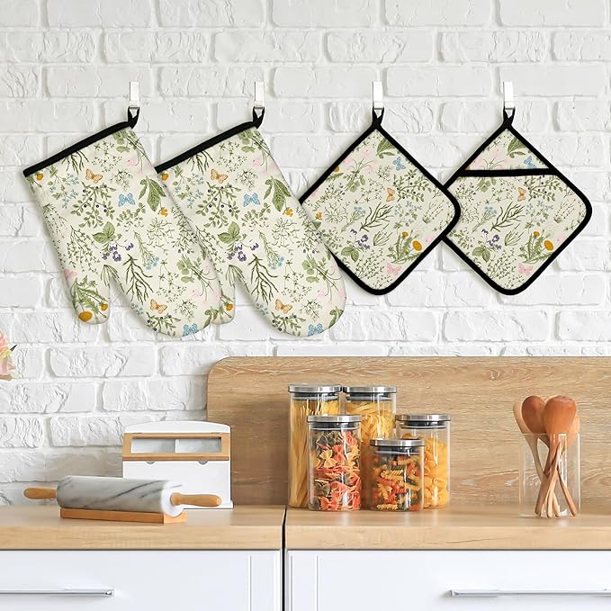 Vintage Wild Floral Oven Mitts and Pot Holders Sets Green Botanical Butterfly Kitchen Oven Gloves Hot Pads Farmhouse Potholders and Kitchen Mitts 4Pcs for Baking Cooking BBQ (Beige)