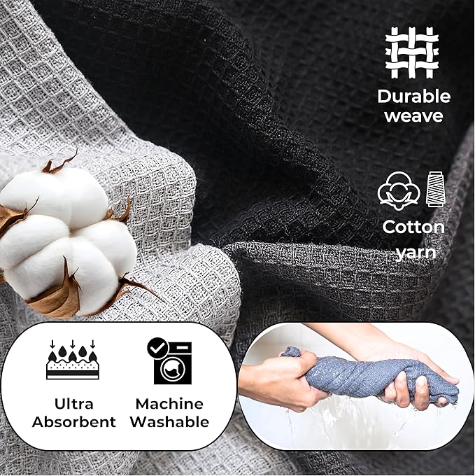 Highly Absorbent Cotton Dish Towels for Drying - Set of 2+2+2 - Light Gray + Dark Gray + Black Kitchen Towels - 18"X28" Lint Free Waffle Weave Cloth Linen Hand Bathroom Bulk Dishtowels