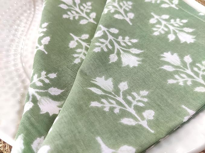 Craftbot Soft Cotton Dinner Napkins 18x18 inches - Washable Thin Cloth Napkins Set of 6 - Everyday Use or Dinner Party and Events - Sage Green Floral Pattern Lightweight Indian Block Print Fabric