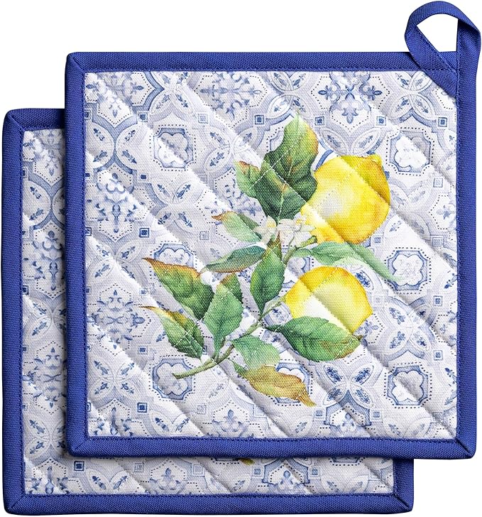 Maison d' Hermine Pot Holders 100% Cotton Heat Resistant Potholders 8" x 8" Hot Pads with Loop BBQ Cooking Baking Gifts for Mothers Day Handling Hot Pans Spring/Summer (Pack of 2, Citrus)