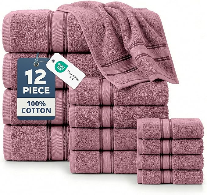 LANE LINEN Bathroom Towels Set of 12 – Zero Twist, 100% Cotton Soft Towel, 4 Bath, 4 Handtowel & 4 Washcloths, Luxury Hotel Design, Perfect for Salon & Guests, Machine Washable – Wishful Mauve