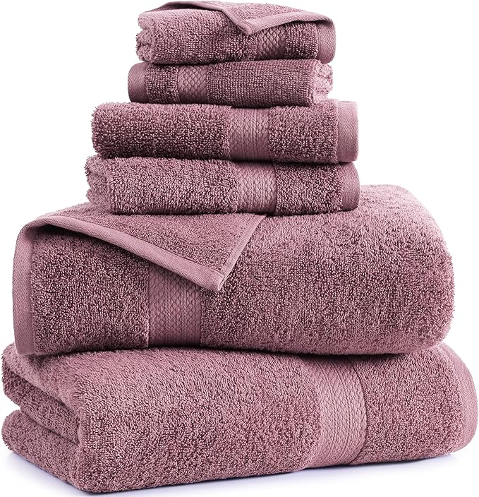 LANE LINEN 100% Cotton Turkish Towels for Bathroom - 6 Piece - Softer & Highly Absorbent - 2 Bath, 2 Wash cloths, 2 Hand Towels - Complete Family Set, Hotel Quality & Gentle on Skin - Wistful Mauve