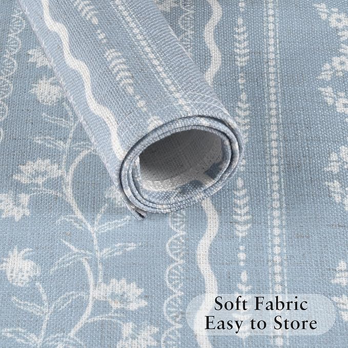 LilyCat Linen Fabric Blue Floral Placemats, Stripes Durable Boho Dining Table Mats for Kitchen, Rustic Vintage Washable Place Mats Set of 6, 18’’× 12’’