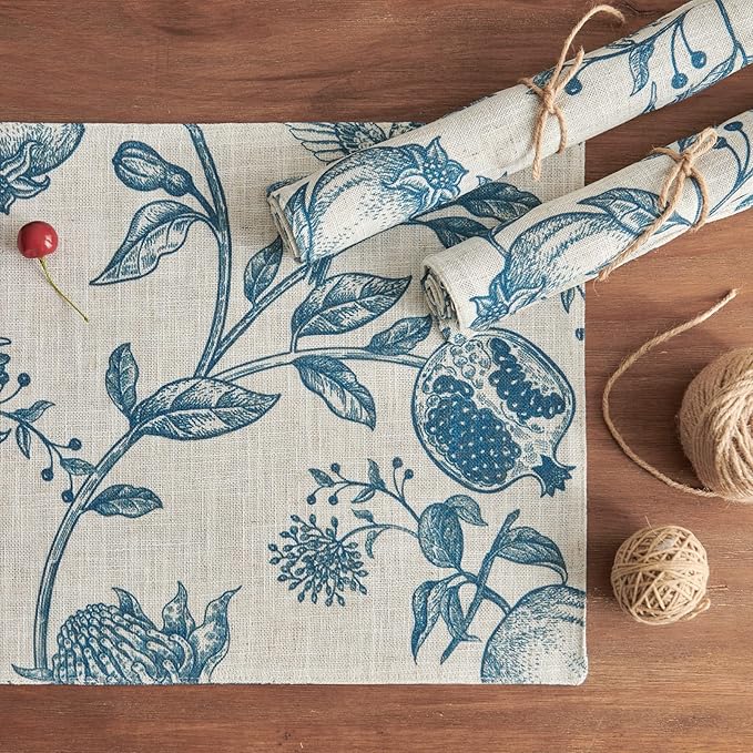 JINCHAN Linen Floral Placemats Set of Cloth Table Mats Rustic Cottagecore Botanical Outdoor Seasonal for Kitchen Dining Decor Heat Resistant Non-Slip Washable Tablemats 13x19 Inch Blue