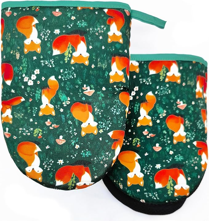 Fox Oven Mitts, High Heat Resistant Kitchen Oven Gloves, Mini Silicone Oven Mitts, Non-Slip Grip Surfaces and Hanging Loop for Grilling, Baking, Cooking and Microwave, Gift