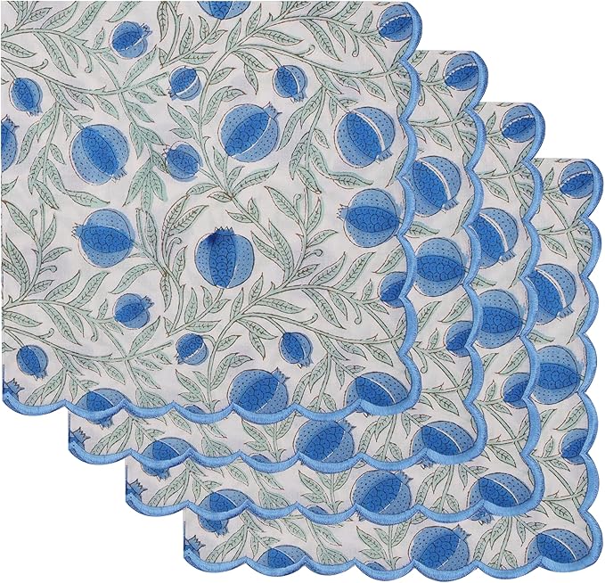 Ridhi Hand Block Print Queen Blue 18" x 18" (Set of 4) Embroidery Table Napkins Reusable Cotton Dinner Napkins for Weddings, Parties, Everyday Dining Gift for Spring, Easter, Valentine