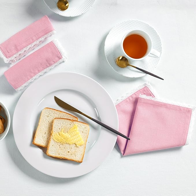 Fingercraft Dinner Cloth Napkin Cotton Linen Blend 12 Pack 12In Mitered Corners with Elegant Lace for Everyday Use Napkins Cloth are Pre Shrunk and Good Absorbency Pastel Rose Easter Color