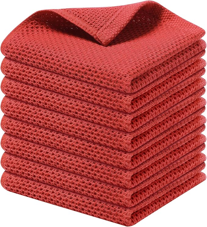 Kitinjoy 100% Cotton Kitchen Dish Cloths (12 X 12 Inches, Brick Red), 8 Pack Waffle Weave Ultra Soft Absorbent Dish Towels for Drying Dishes Quick Drying Kitchen Towels Dish Rags