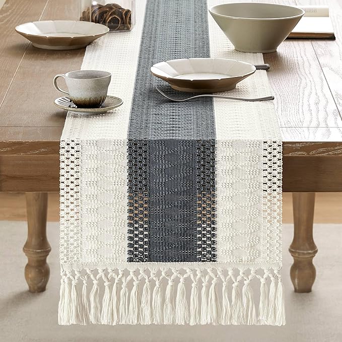 ZeeMart Macrame Style Bicolor Stitching Table Runner, 14 x 36 Inch Charcoal/Ivory, Boho Dark Grey Table Runners 36 Inches Long, Farmhouse Woven Home Decor