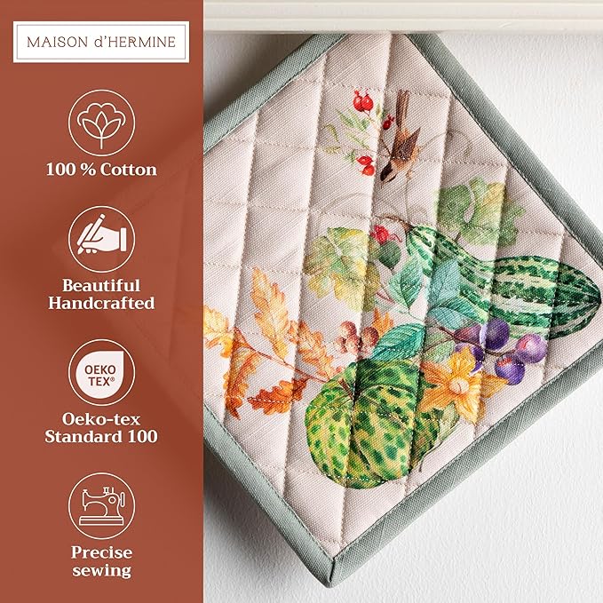 Maison d' Hermine Pot Holders Set 100% Cotton Heat Resistant Potholders 8" x 8" Hot Pads with Loop for Thanksgiving Christmas Decorations BBQ Cooking Baking Handling Hot Pans (Pack of 2, Lumina)