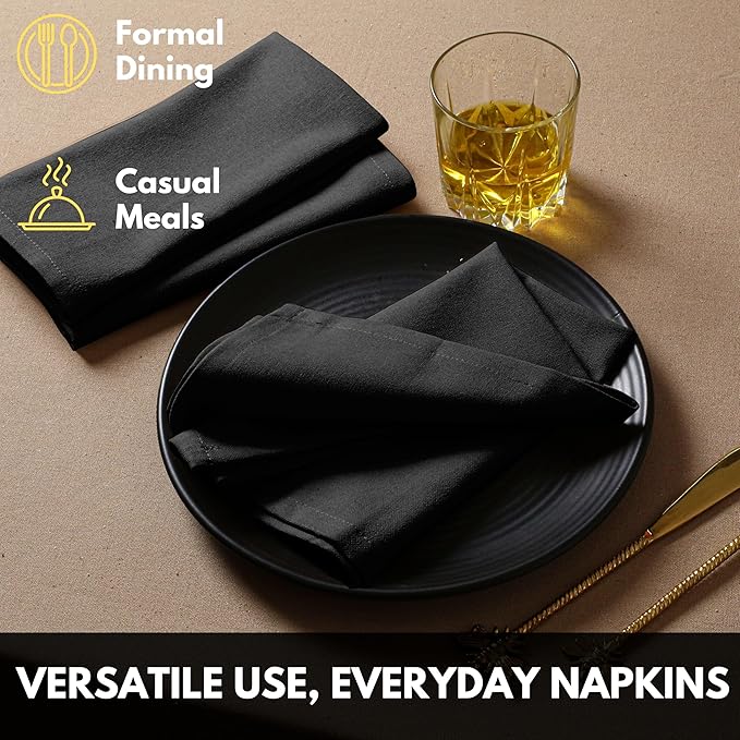 Napkin 100% Cotton Cloth Napkin Decorative Washable Napkins Set of 12 for Home, Kitchen, Dining, Cocktail Parties & Camping - Black (17"x17")