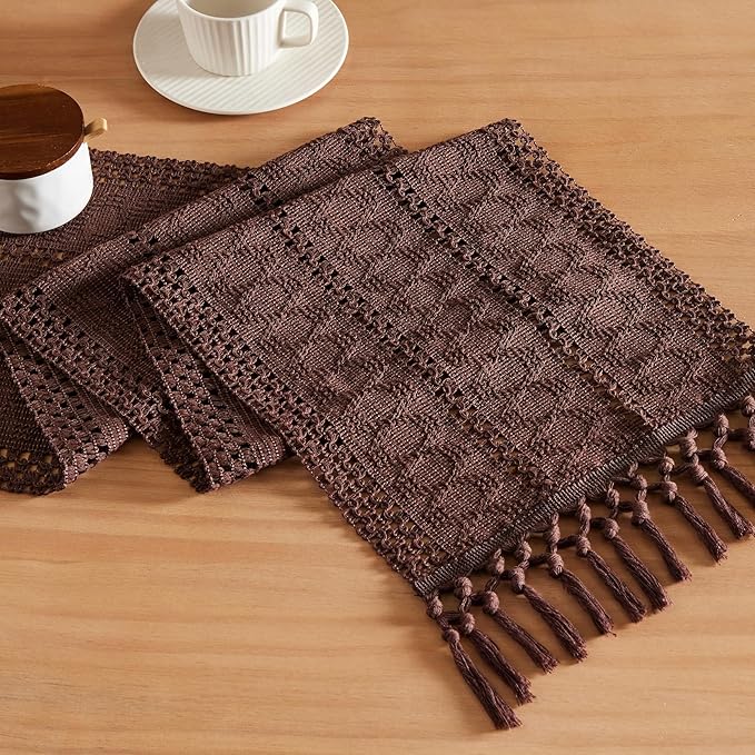 ZeeMart Macrame Style Boho Table Runner, Dark Brown Table Runners 36 Inches Long, Farmhouse Woven Home Decor, 12x36 Inch, Chocolate
